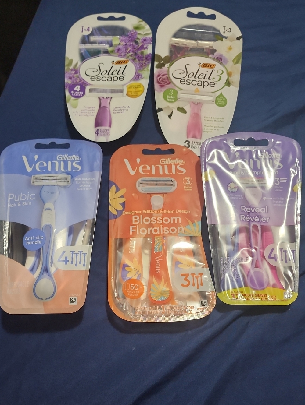 5 Gillette Venus & BIC Soleil Escape Razor Bundle - Pink, Purple, Orange